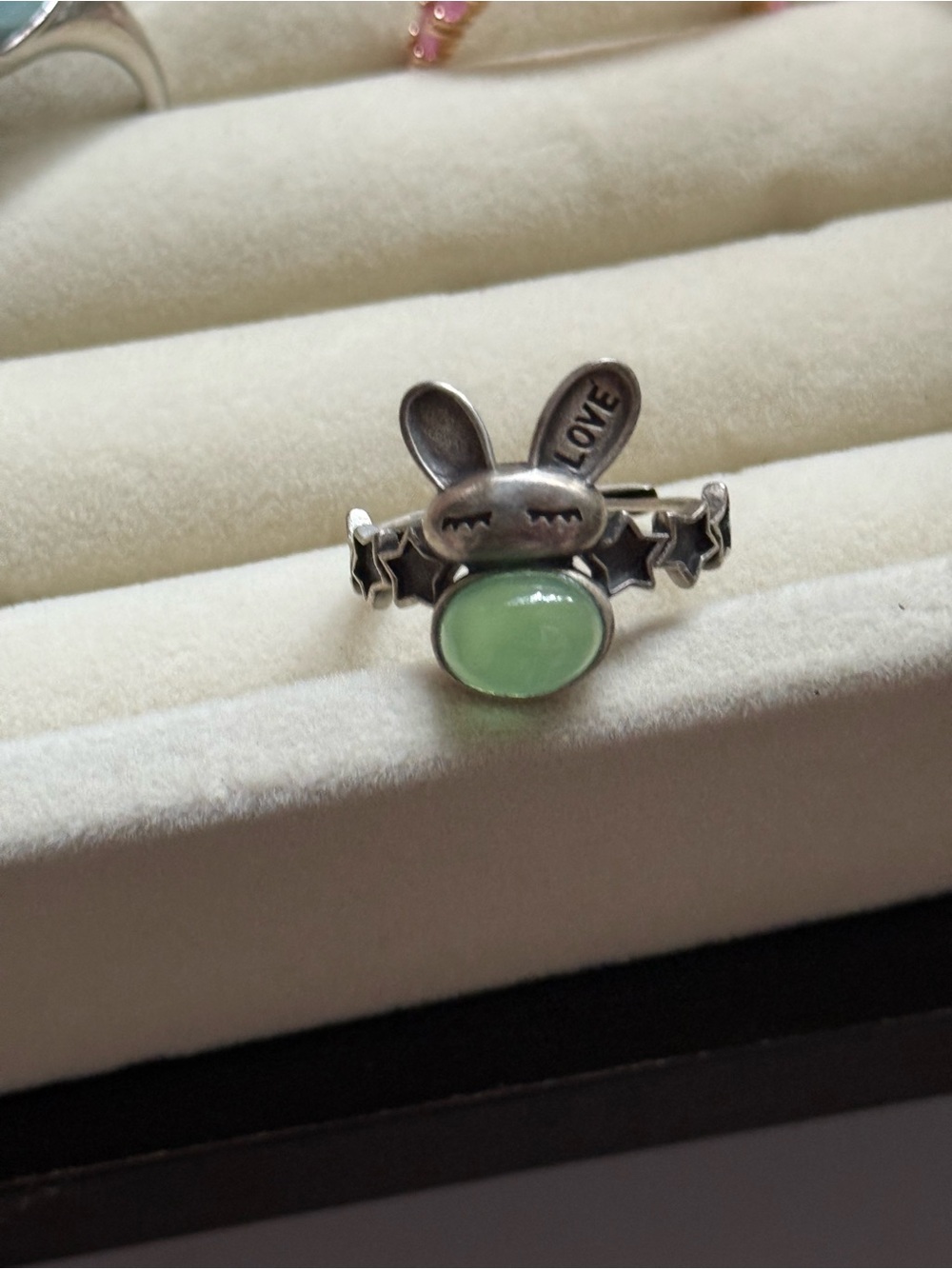 Kawaii .925 silver Bunny Ring with Green Chalcedony Stone